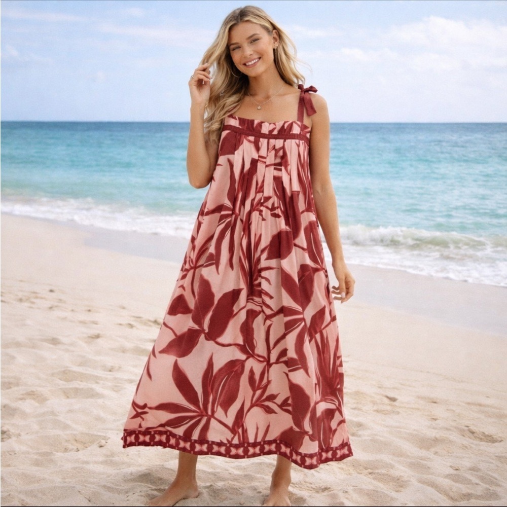 Tuckernuck Tnuck Beach Sangria Palm Tie Shoulder Midi Dress Small 36020
